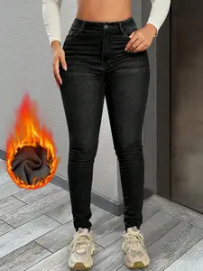 Apperloth Studio Women Sexy Autumn Winter Fleece Straight Denim Trousers Jeans Long Pants