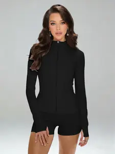 Women's Slim-Fit Sporty Jacket, Zipper Design Running Yoga Outerwear, Thumbholes, Breathable, All-Seasons Plain Surface