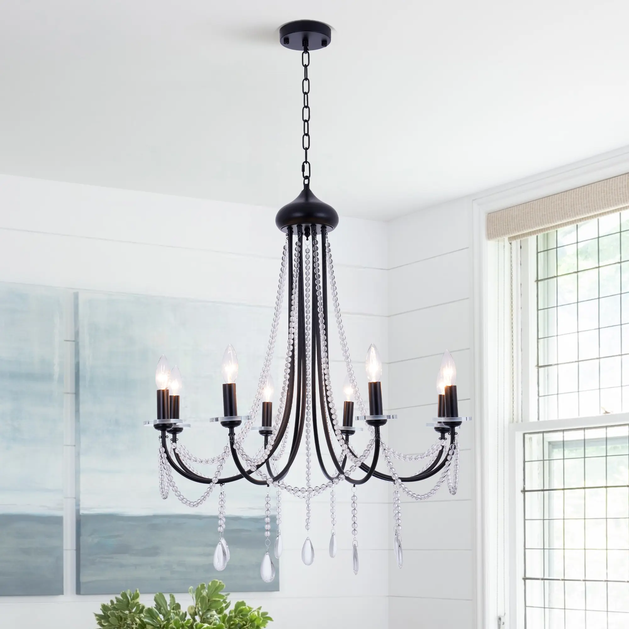 8-Light Black Modern Farmhouse Beaded Crystal Chandelier - Decorative Glamorous Incandescent Indoor Lamp, Home Improvement Ceiling Lighting for Dining Room, Living Room