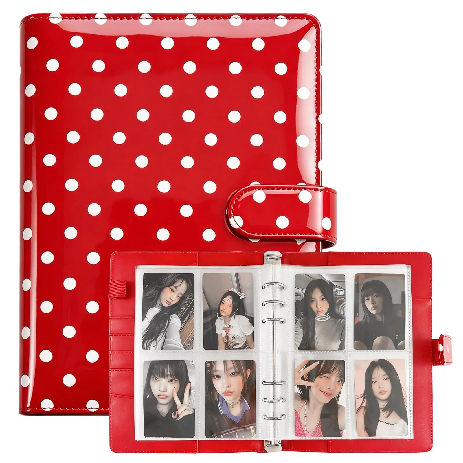 A5 Red Polka Dot Photocard Binder, 6-Ring 200-Slot Trading Card Album, PU Leather Cover with Magnetic Buckle, Great Gift for Kpop Collectors