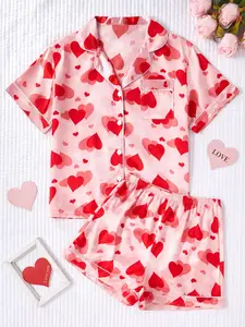 Women's Heart Print Two-Piece Pajama Set, Romantic Short Sleeve Button Front Sleepwear, Smooth Satin Material, Perfect for Sleep Parties