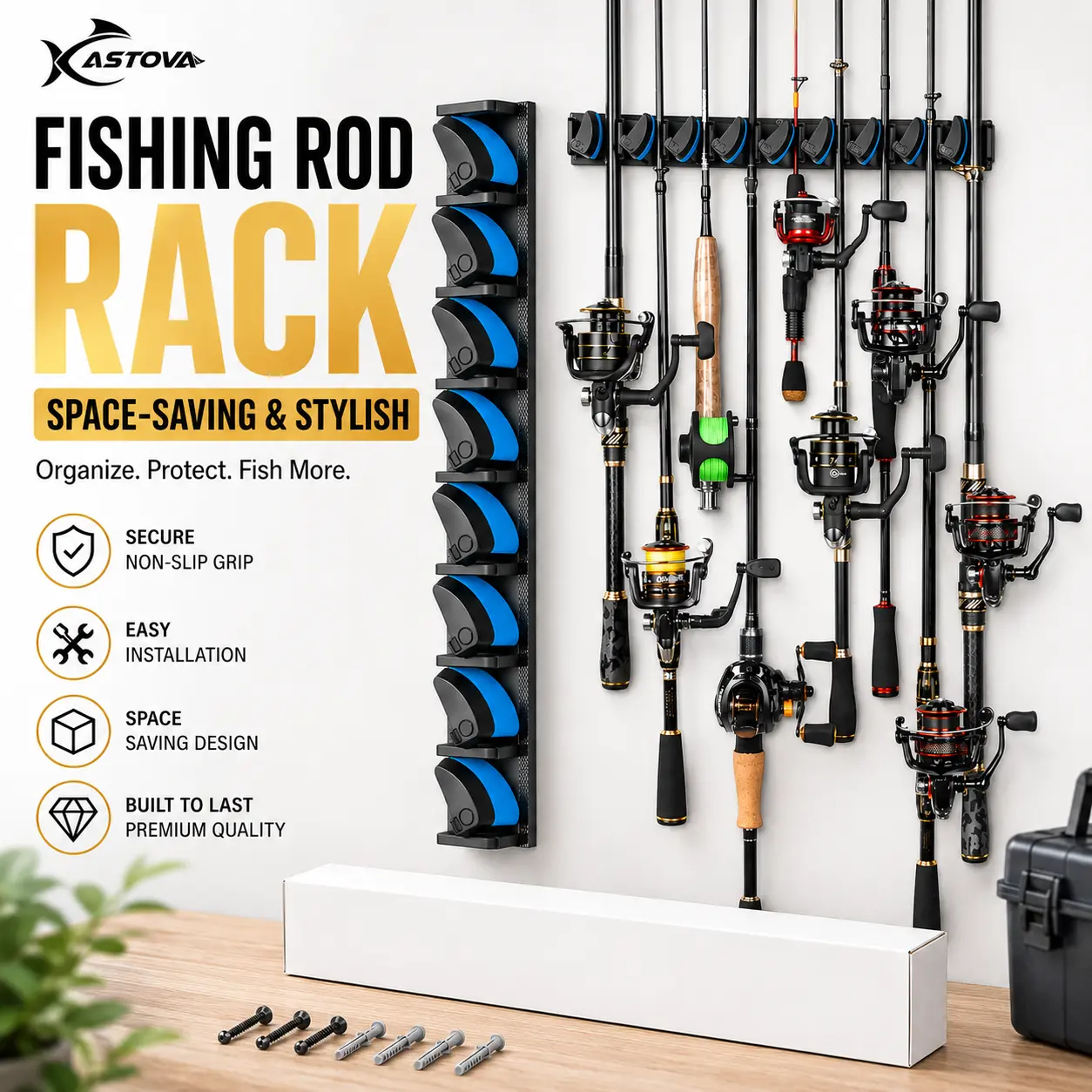 Fishing GripLock Vertical Fishing Rod Rack – Wall-Mounted Fishing Rod Holder for Garage – Stores Up to 9 Rods or Combos –Space-Saving Durable Fishing Rod Holders for Serious Anglers profishing gear