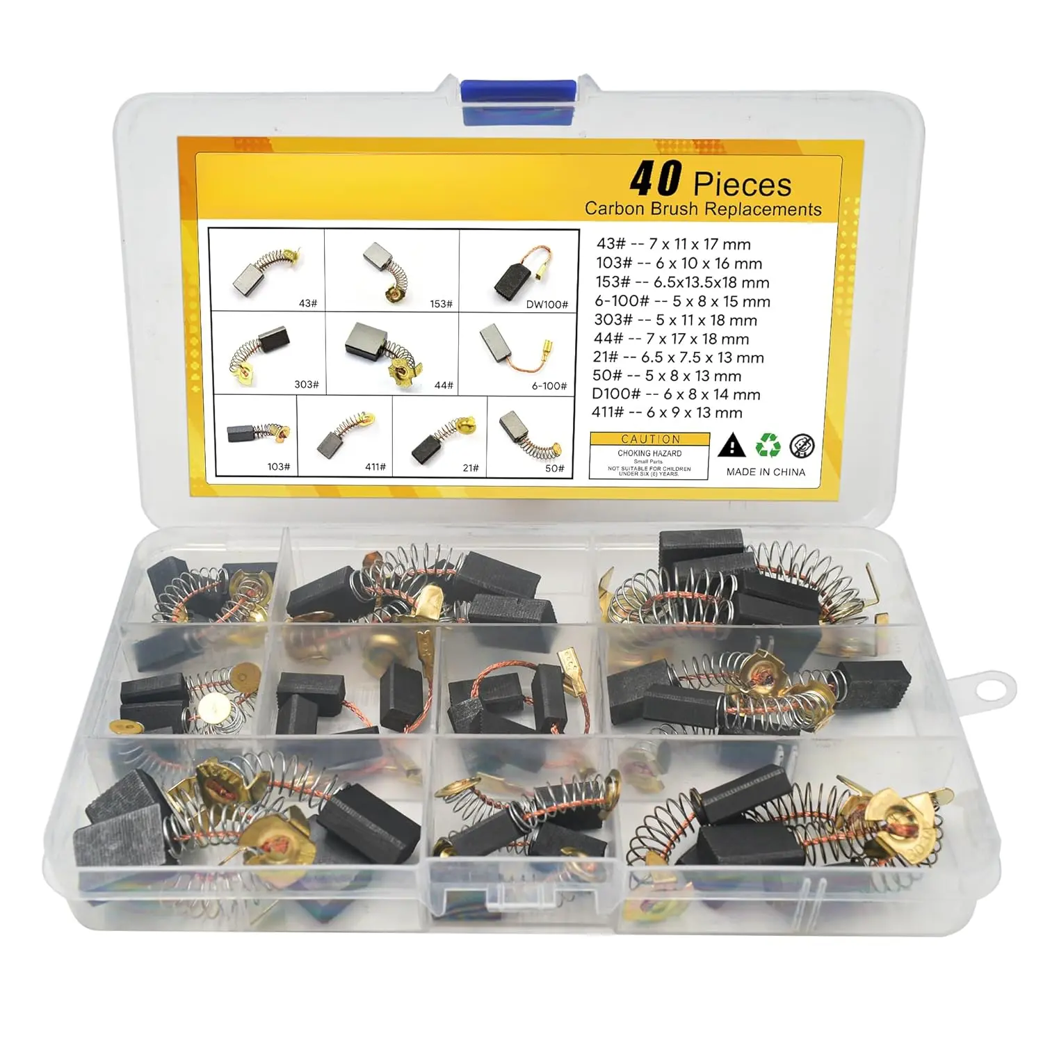 Multi-Size Electric Motor Carbon Brushes (40 PCS, 10 Versatile Sizes) - Precision Engineering for Power Tools Repair/Maintenance, Flat Box Pack, Fits Angle Grinders, Electric Hammer Drills, Vacuum Cleaners