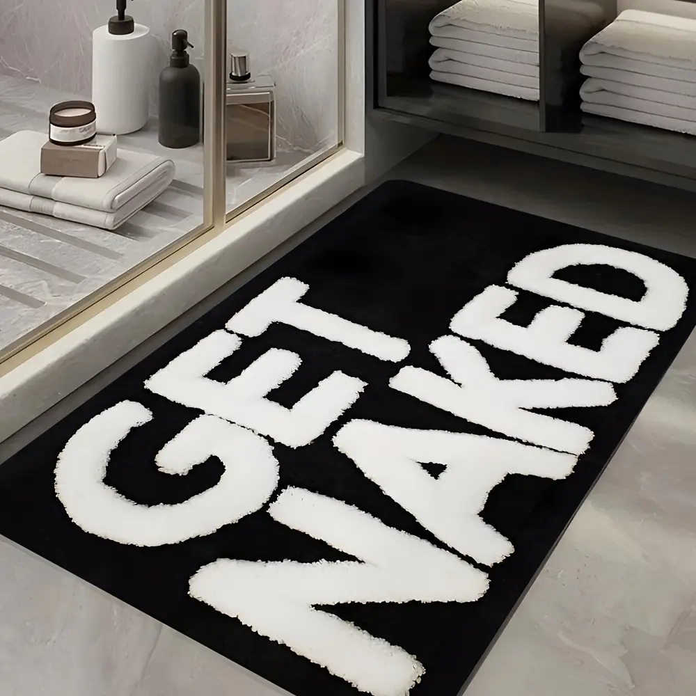 1pc Fun Bathroom Mat, Printed with Bold "GET NAKED" Text, Soft and Durable Flannel, Absorbent, Black and White Design - Suitable for Bathroom, Doorway, Indoor/Outdoor Use - Ideal for Bathroom, Living Room, Bedroom, Kitchen, Patio, and Laundry Room
