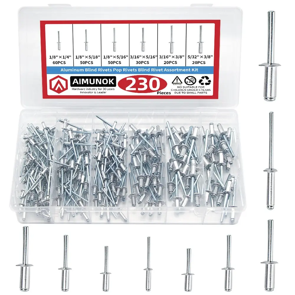 Aimunok Aluminum Rivet Kit, Multiple Sizes, Industrial Grade, Corrosion Resistant, Portable, Hollow Rivets, Pop Rivets, Durable Fastening Solution, Heavy Duty Fastening