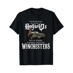 🖤✨[100% Cotton][Graphic Tee]Black Hogwarts & Winchesters Hunting Graphic T-Shirt – Unisex Casual Tee for Harry Potter & Supernatural Fans, Geek Holiday Shirt, Adult & Youth Fan Outfit, Fun Festive Party Top, Perfect Gift for Fandom Lovers