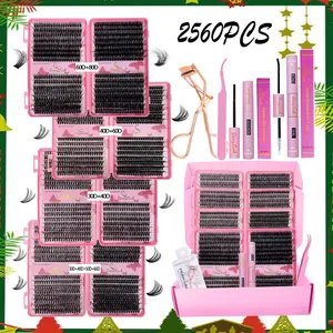 2560Pcs 4 Boxes Cluster Lash Book Eyelash Kit with Bond Seal Remover Applicator Curler, D Curl Eyelashes,30P40P50P60P80P Mixed Style and Length individual cluster lash extension,perfect for home lash diy eyelash extension for Eye Make Up,Eyelash gift pack