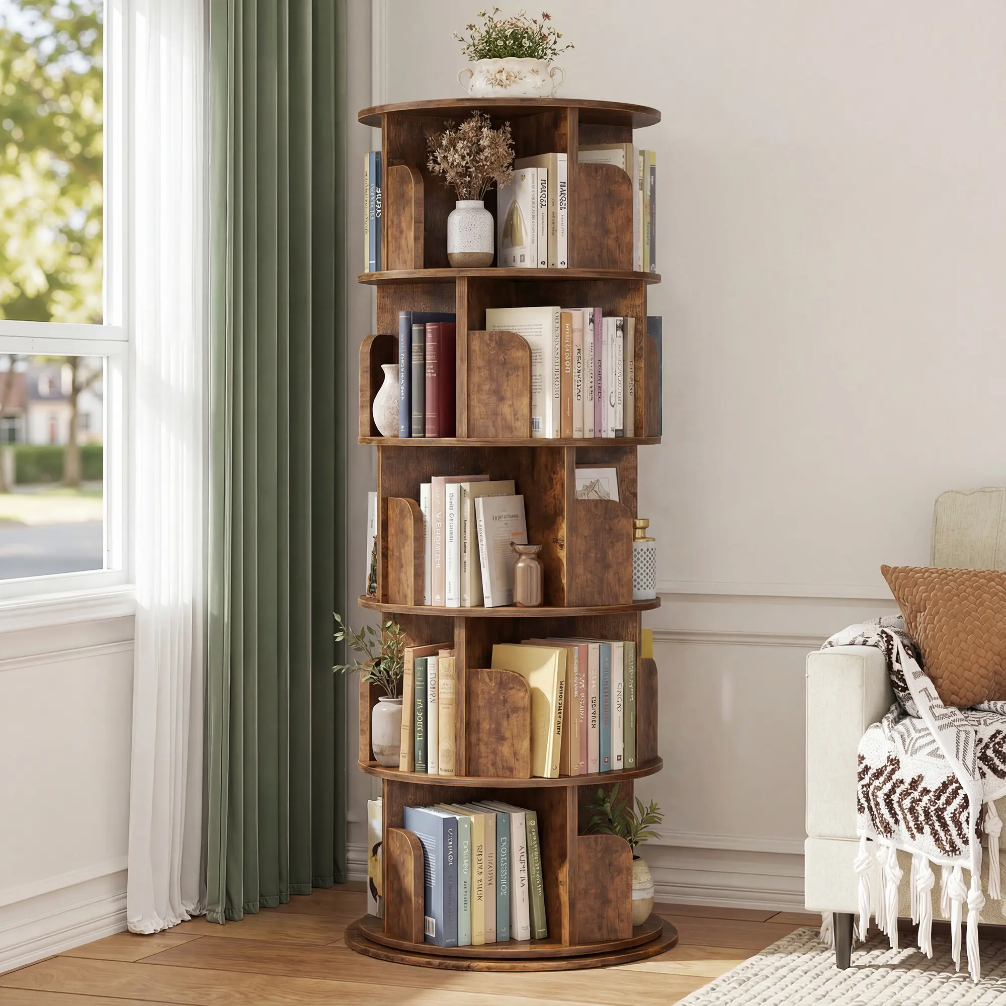 5 Tier Rotating Bookshelf, 360 ° Display Stackable Spinning Bookshelf Tower, Narrow Space Saving Tall Floor Standing Swivel Bookcase Corner Storage Organizer for Bedroom, Living Room, Study Room