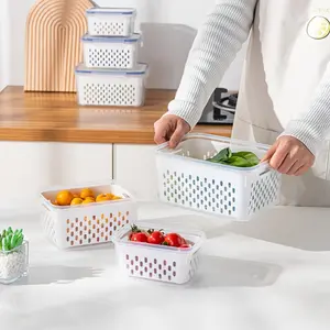 3-piece plastic food draining basket set (includes 3 white perforated draining baskets and 3 transparent storage boxes), reusable, suitable for refrigerator storage, kitchen organization, serving food, draining in the sink, washing fruits and vegetables