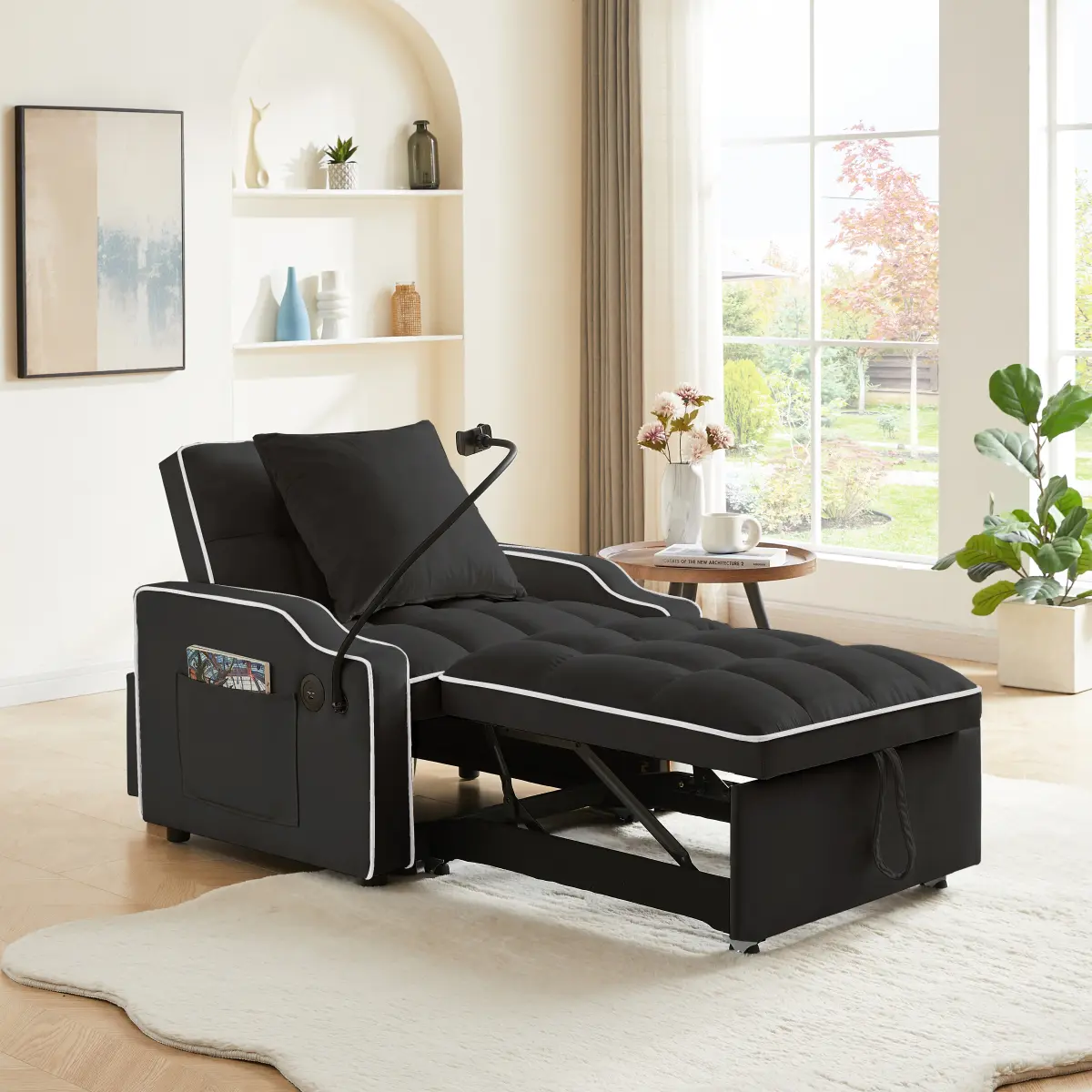 3-in-1 Convertible Sofa Bed - Black Modern Upholstered Velvet Fabric Sofa Chair, Adjustable Angles Backrest Recliner, Armchair, Phone Holder, USB/Type-C Phone Charger Ports, 34.0x33.85x31.1in for Adults' Small Space Living Room