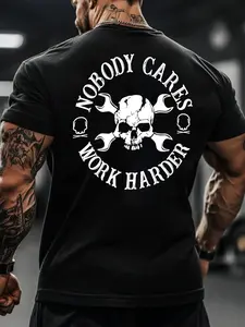 Men's Christmas Skull Design Trendy Print Round Neck Short Sleeve Fitted T-Shirt, Casual Comfortable Summer Wear, Perfect for Outdoor Activities, Menswear, Streetwear, Festive