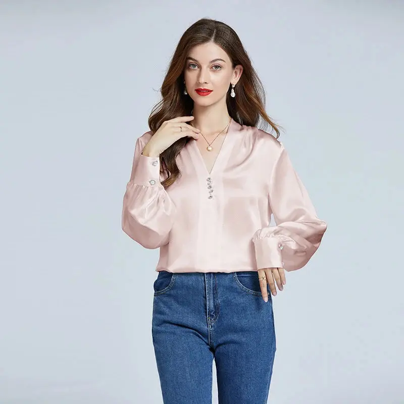 Spring 2025 Woman 100% Silk Shirts Blouses Designer Luxury Women'S Clothing Lantern Sleeve V-Neck Diamonds Button Women Blouse