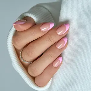 CurvLife Nailora short almond french Nail Art Press On Nails patterns prints pink glossy shiny 2 Week Wear