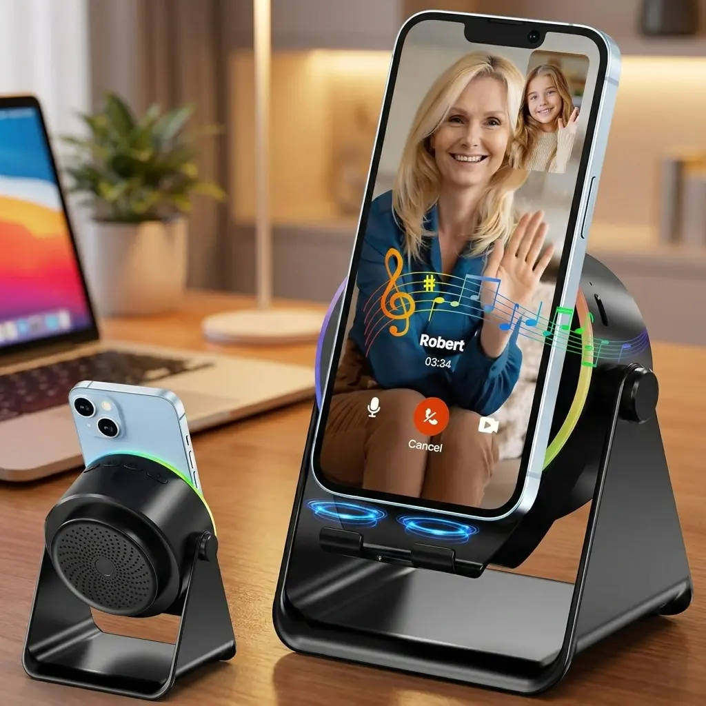 Portable Rechargeable Induction Bluetooth Audio Amplifier, 5-in-1 Multi-Purpose Unit with Phone Stand & Color Changing LED Lights, Desktop Wireless Induction Speaker Perfect Birthday Gift for Men Women Teens