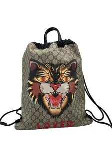 Pre-owned GUCCI Beige Monogram Canvas Drawstring Backpack with Tiger Print/WJ04128802/8802