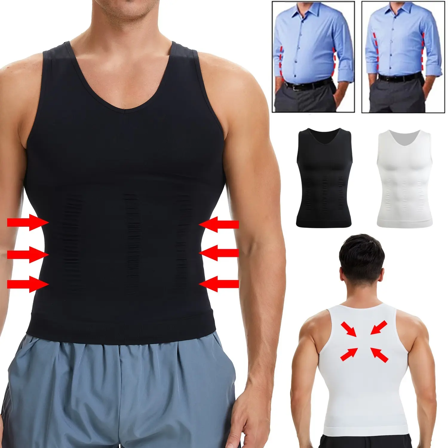 Menswear Body Shaper Vest Compression Tank Tops Underwear Breathable Shirts Shapewear Stretchy Sports Soft Suits Workout White Gym Gamis Stylish Black Undershirt