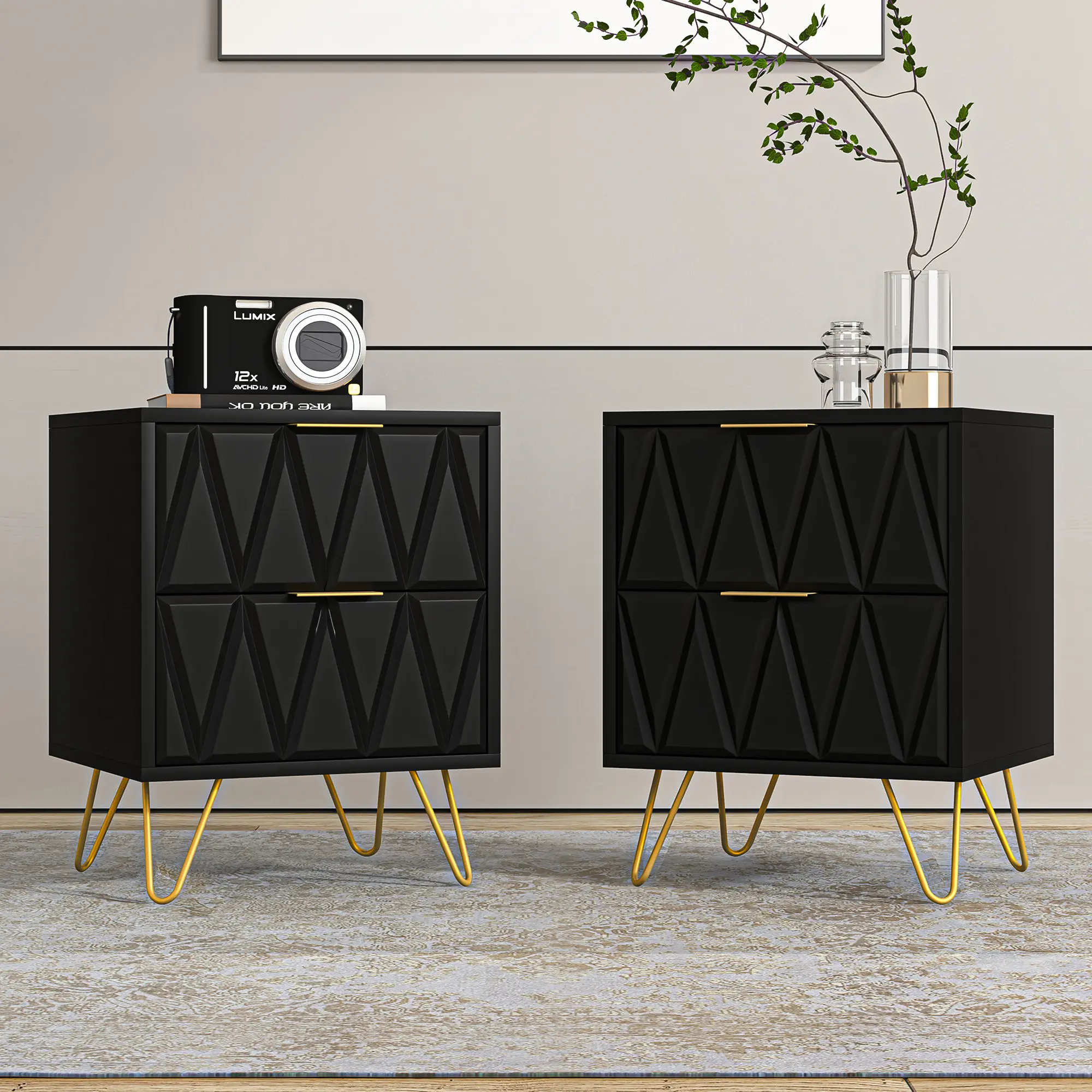 Spaco 2-Piece Modern Wood Bedside Nightstands - Bedside Cabinets, Rectangle, Assembly Required, Black Dual-Use Tables with 2 Drawers, Metal Legs, Bedroom Decor for Small Spaces, Indoor Living Room Furniture,dorm essentials,home decor Nightstands With Draw
