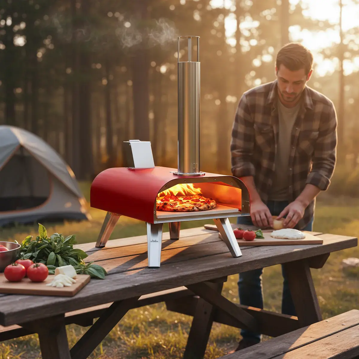 BIG HORN OUTDOORS 12" Triple-Fuel Pizza Oven - Outdoor Cooking Equipment for Game Day Watch Parties, Wood Pellet-Gas-Electric (Gas Burner & Electric Heater Accessories Sold Separately), Party, Wood Pellets, Poker, Removable Trays, Easy Storage, Easy Use &
