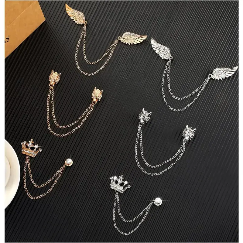 6 Pieces Men's Tassel Chain Brooch Collar Pins Set Golden Silvery Wings Wolf Head Crown Lapel Pins Luxury Suit Tuxedo Shirt Accessories Business Office Wedding Anniversary Birthday Halloween Gift Vintage Gentleman Dress Decor