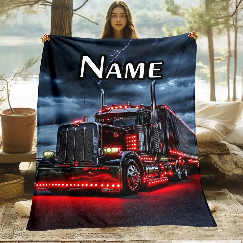 Personalized Black Semi Truck Print Throw Blanket, Custom Name Trucker Themed Cozy Blanket, Soft Fluffy Lightweight Blanket for All Seasons, Anti-Pilling Washable Decorative Blanket