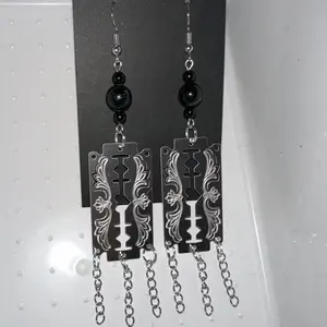 1 Pair of Black Tourmaline  or Cinnabar Crystal Razor Stainless Steel Earring Great for abundance and protection!
