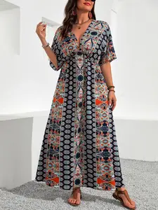 Plus Size Ethnic Pattern Ruched V Neck Dress, Boho Bohemian Casual Wear Floral Print Batwing Half Sleeve A Line Dress for Summer, Women's Clothes for Beach Holiday Vacation