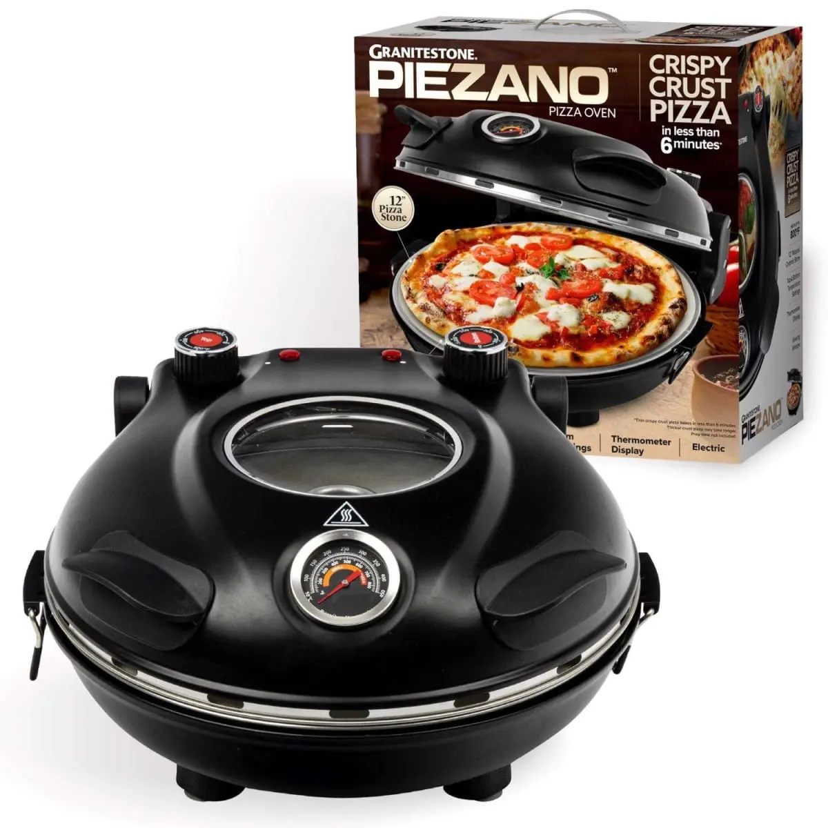 E Mishan & Sons 6074495 Granitestone Piezano Matte Black Countertop Electric Pizza Oven - 120V, 12in Natural Ceramic Stone, Base Suction Cups, Digital Display, Grip Handles, Digital Temperature Control, 800°F Crisp Crust, Easy Lift Design, Everyday Use