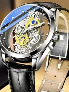 Men's Casual Sportive Glow in the Dark Analog Watch with Round Dial, Elegant Trendy Wristwatch for Business & Daily Use As Gift with Box for Men, Skeleton Watches, National Day Offers