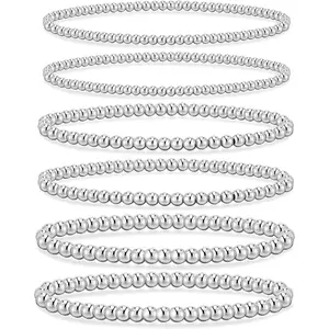 6PCS Silver Bracelets for Women, 18K Gold Plated Beaded Bracelets Sliver Strand Bead Ball Bracelet Stack Set Adjustable Bracelet Set Jewelry for Gifts