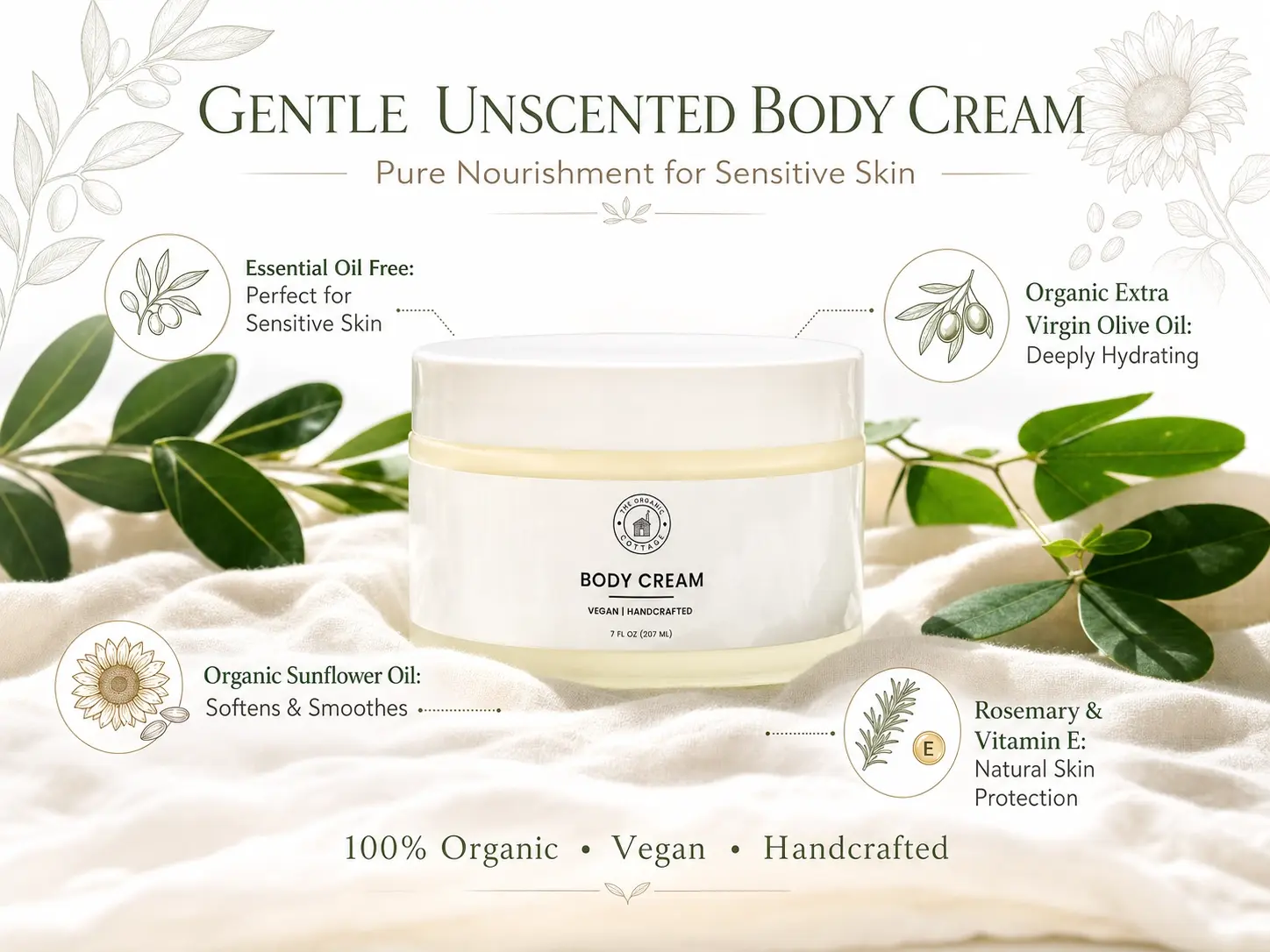 Unscented Body Cream Vegan Small Batch Handcrafted 7 fl oz 207 mL Skin Care Product Lavender Organic with Olive Sunflower Rosemary