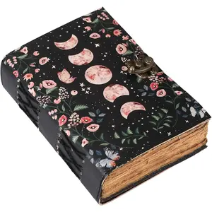 Blank Spell Book of Shadows Journal with Lock Clasp Celestial   Leather Journal Moon Phase Print Diary Prayer Pagan  Supplies  Decor Notebook Moon 2 (10 X 7)