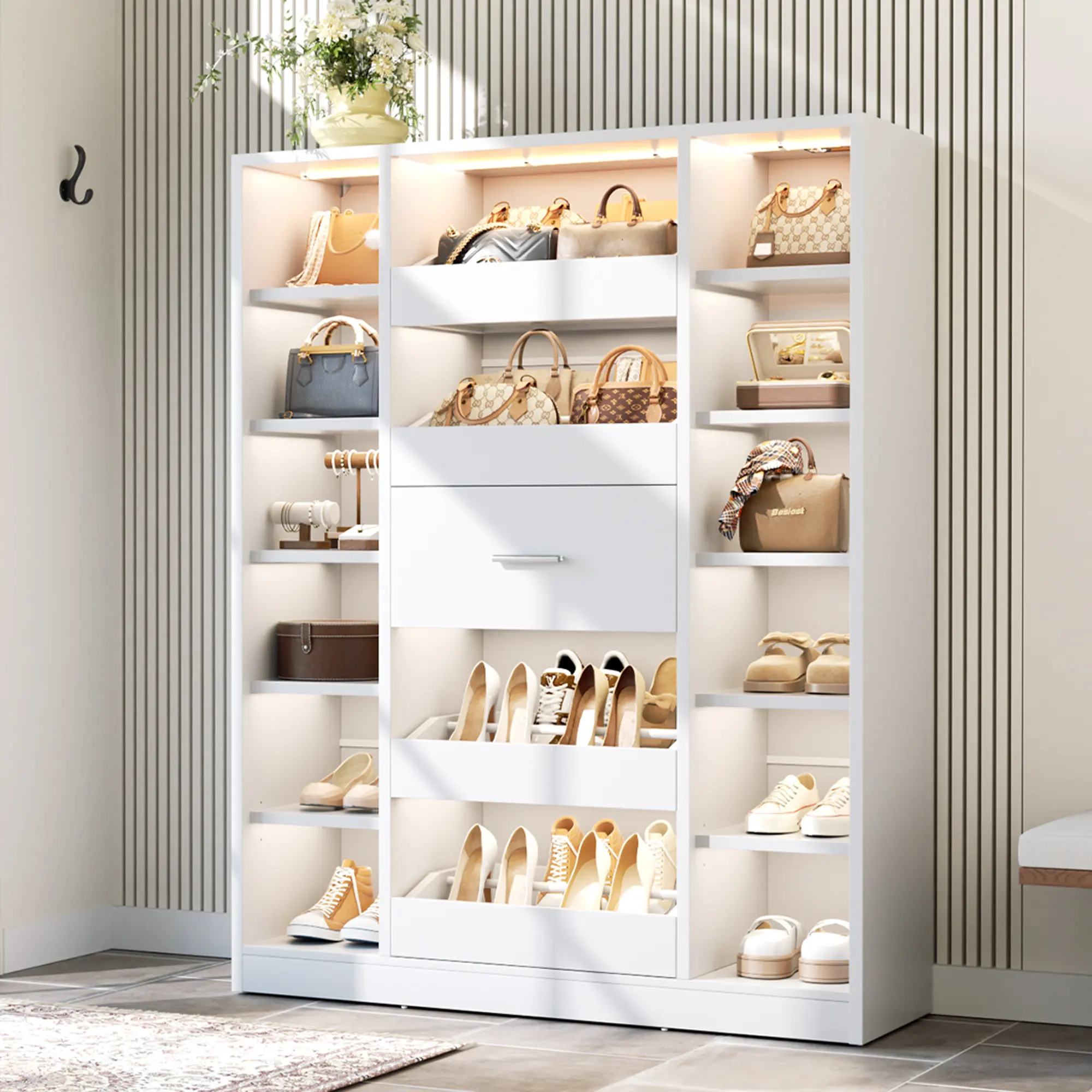 40" W Closet System with LED Lights, Wooden Walik-in Closet Organizer Wardrobe Cabinet with 5 Drawers & 12 Shelves,Freestanding Versatile Closet Tower Wood Armoire Storage Storage Furniture