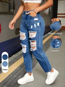 Women's Plain Ripped Straight Leg Jeans, Fashion Casual Denim Trousers for Daily Outdoor Wear, Ladies Bottoms for Summer