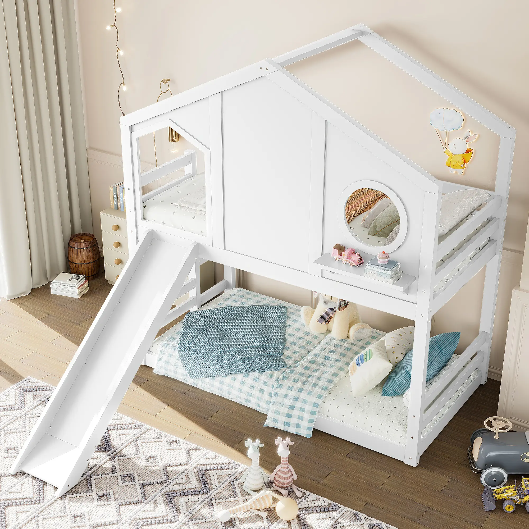 Eyisean Twin Size Pine Wood House Loft Bed - Strong Safe Sleep Bed, Playful Kids Bedroom Furniture with Slide, Storage Shelves, Safety Guardrails, Window, Space-Saving Sleeper
