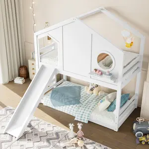 Eyisean Twin Size House Bunk Bed with Slide and Storage Shelves, Twin Floor Bunk Beds Frame with Safety Guardrails and Window for Bedroom