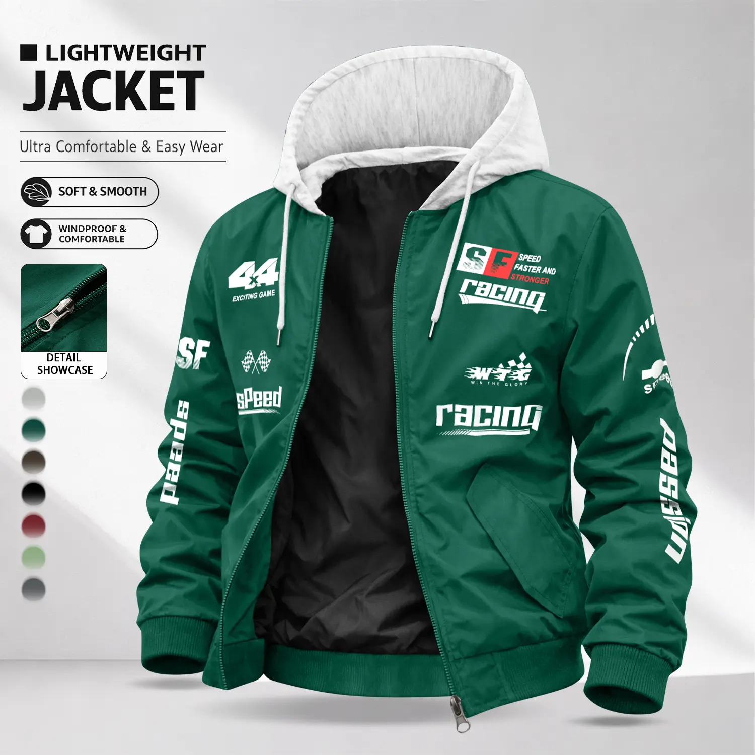 Men’s Green Racing Print Hooded Jacket Lightweight Zipper Casual Street Functional Outerwear