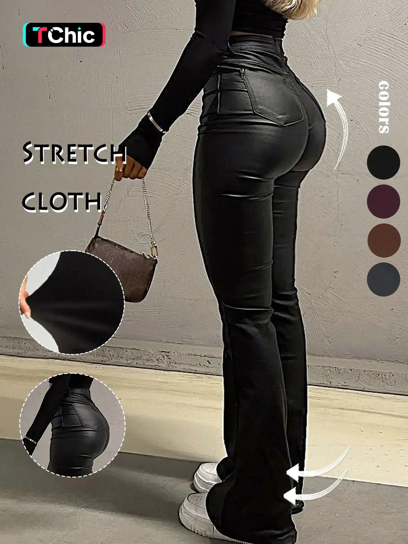 GILIPUR Y2K High Waist PU Flare Leg Pants, Casual Comfy Basic Plain Button Trousers, Women's Bottoms with Pockets For All Seasons, Fall & Winter Clothes Stretchy PU Leather Flared Leg Pants Coated Flared Pants,Kardashian Style,Tchic