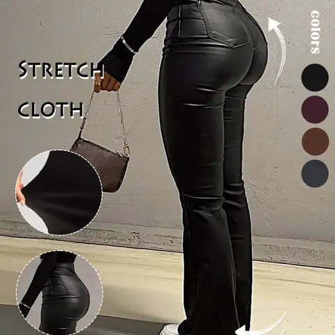 GILIPUR Y2K High Waist PU Flare Leg Pants, Casual Comfy Basic Plain Button Trousers, Women's Bottoms with Pockets For All Seasons, Fall & Winter Clothes Stretchy PU Leather Flared Leg Pants Coated Flared Pants,Kardashian Style,Tchic
