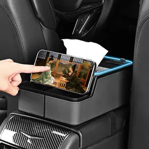 Car Armrest Storage Box with RGB LED Atmosphere Light,USB Charging, Cup Holder & Tissue Box, Multifunctional Leather Car Console Organizer for Most Vehicles