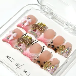 vosplends 10PCS Handmade  SparkleBow 3D flower,y2k  duckbill nails，acrylic press on nails，reusable nails，vampire jawns nails Pink Gradient Sparkling Nails