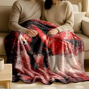 1 piece Red horse galloping and blooming cherry blossoms themed flannel blanket - Oversized comfortable flannel sofa blanket, suitable for beds and sofas, modern geometric pattern design, all-season use, digital printing, 100% polyester material