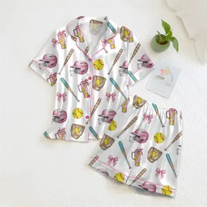 Softball Satin Pajamas Set, Women's White Satin Pajama Set – Softball Print Sleepwear, Sporty Summer Loungewear