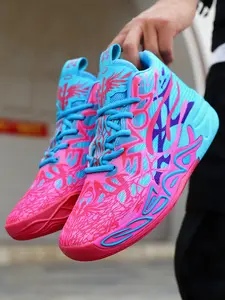 Parent - Child Fluorescent Pink - Green Graffiti Basketball Shoes, Art Sports Style, High - Top Mesh Material, Eye - Catching & Unique, Shock - Absorbing & Ankle - Protecting, Ideal for Parent - Child Basketball Training & Trendy Outfits