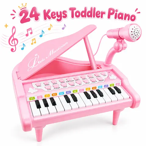 24-Key Toddler Piano Keyboard Toy with Microphone, Mini Grand Piano for Kids with 22 Demo Songs, 4 Instrument Sounds, 8 Drum Beats, Record & Replay, Adjustable Volume, Musical Pretend Play Gift for Girls Boys