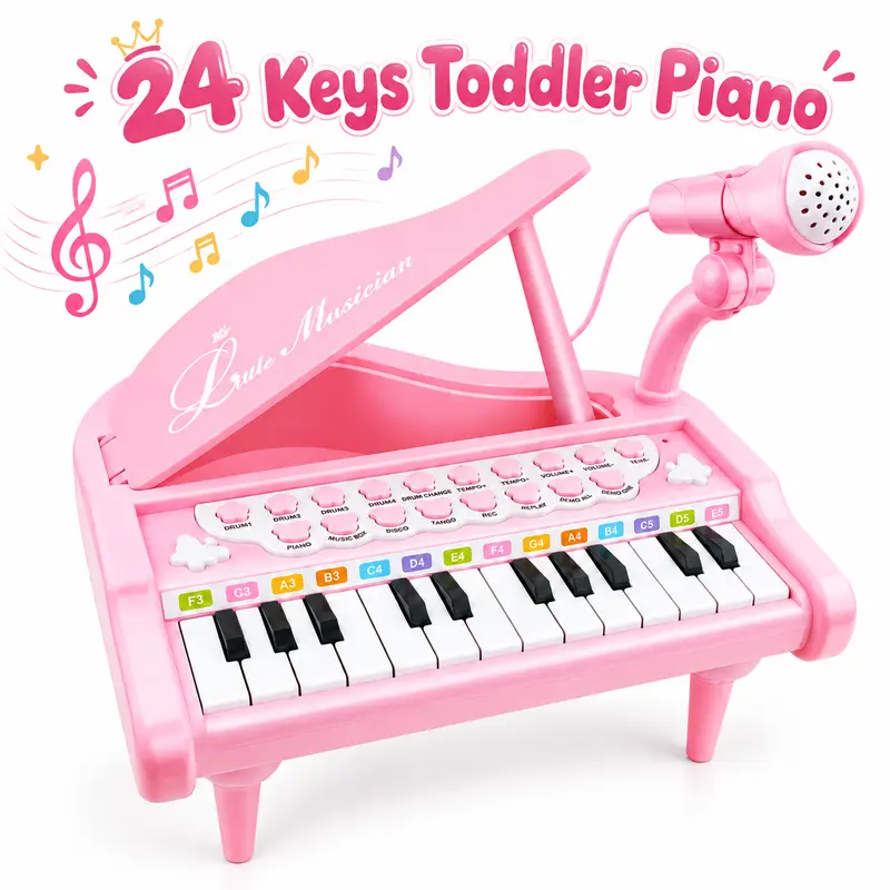 24-Key Toddler Piano Keyboard Toy with Microphone, Mini Grand Piano for Kids with 22 Demo Songs, 4 Instrument Sounds, 8 Drum Beats, Record & Replay, Adjustable Volume, Musical Pretend Play Gift for Girls Boys