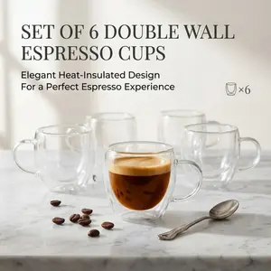 6-piece double-walled borosilicate glass espresso cup set, heat-resistant and insulated coffee cups with handles, suitable for everyday family use.