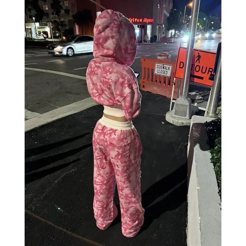 Fashion Sportswear Two Piece Suit Womens Hip Hop Pink Camouflage Short Waist Hugging Slim Hoodie Casual Loose Sports Pants