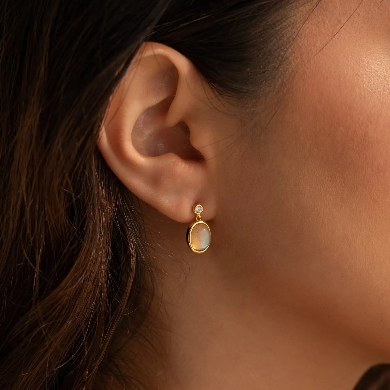 Moonstone Drop Earrings by Caitlyn Minimalist - Diamond Gemstone Dangle Stud Earrings - Natural Labradorite Earrings - Birthday Gift for Her