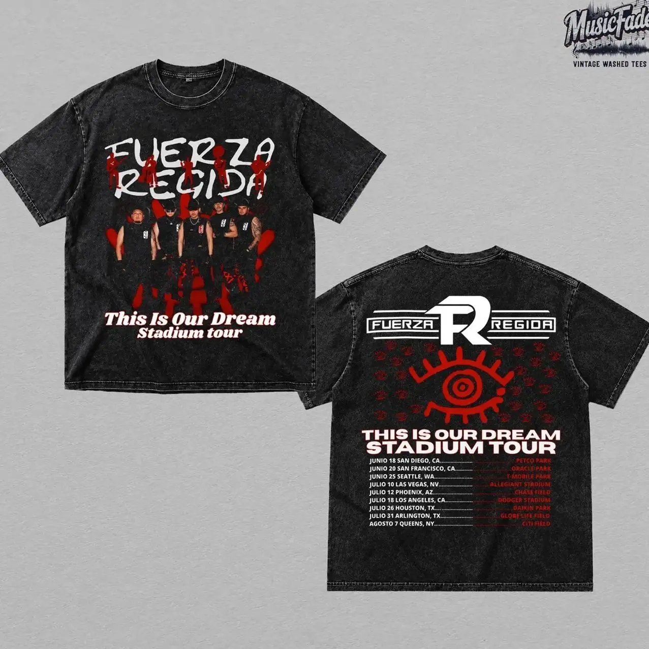 Fuerza Regida This Is Our Dream Stadium Tour Vintage Washed TShirt, Double Sided Concert Graphic Shirt, Heavy Cotton Oversized T-Shirt With Tour Dates, Regional Mexican Streetwear, Latin Music Merch For Fans