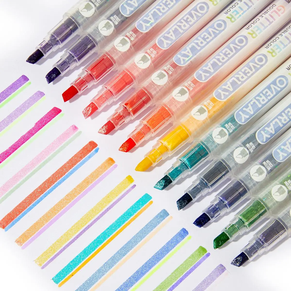 Glitter Highlighter Marker Pen, 6 Counts/set Double Color Highlighter Marker Pen, No Bleed Colors Highlighter Marker Pen for Journaling, Students School Office, Journaling Highlighters, Glitter Markers